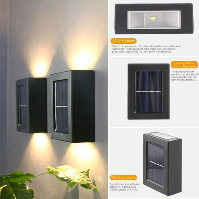 Alt view image 6 of 7 - CALIDAKA 2 Pack LED Solar Wall Lights, Up and Down Outdoor Security Wall Lamps, IP65 Waterproof, Solar Fence Lights LED Wall Lights for Home Garden Porch (Warm Light)