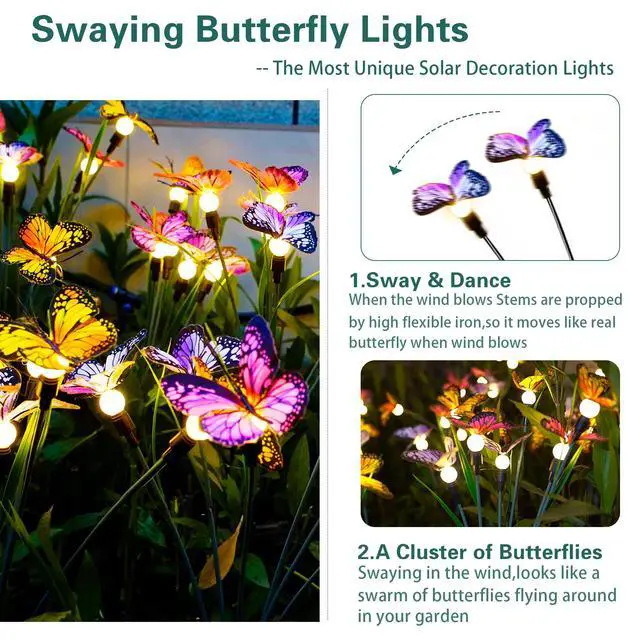 Alt view image 2 of 7 - TONULAX Solar Garden Lights - 2 Pack Swaying Butterfly Light, Swaying in The Wind, Solar Outdoor Lights, Yard Patio Pathway Decoration, High Flexibility Iron Wire & Realistic Butterflies
