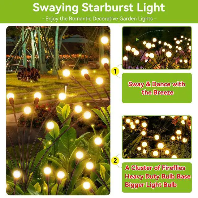 Alt view image 2 of 6 - YShengMian Solar Garden Lights Outdoor Waterproof, 2 Pack 16 LED Swaying Light Firefly Light Outdoor Decor Lights for Garden Gifts for Pathway Party Christmas Decoration, Warm White