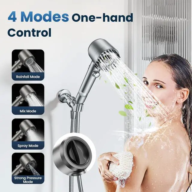 Alt view image 4 of 7 - JOMST Filtered Shower Head with Handheld,High Pressure Shower Head 4 Spray Modes,ShowerHead with ON/OFF Switch for Pets,Built-in Power Wash to Clean Tub,Shower Heads Combo with Stainless Steel Hose