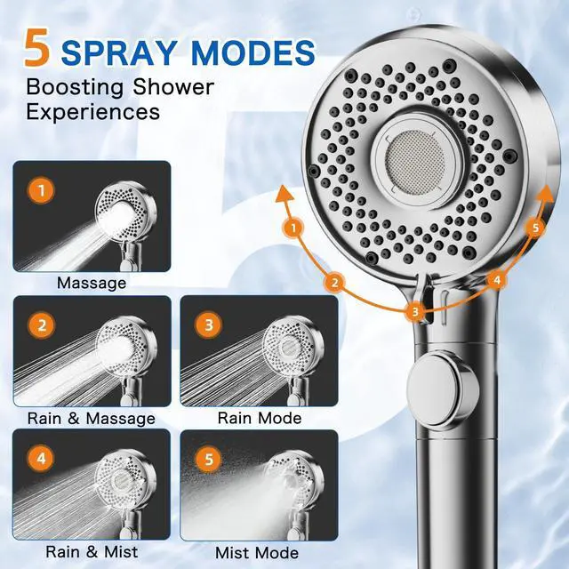 Alt view image 2 of 7 - Shower Head with Handheld with 5 Spray Modes and Detachable Power Wash, High Pressure Shower Head with ON/OFF Switch for Pets, Clean Tub, Shower Heads with Stainless Steel Hose