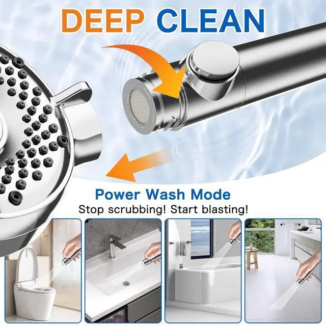 Alt view image 3 of 7 - Shower Head with Handheld with 5 Spray Modes and Detachable Power Wash, High Pressure Shower Head with ON/OFF Switch for Pets, Clean Tub, Shower Heads with Stainless Steel Hose