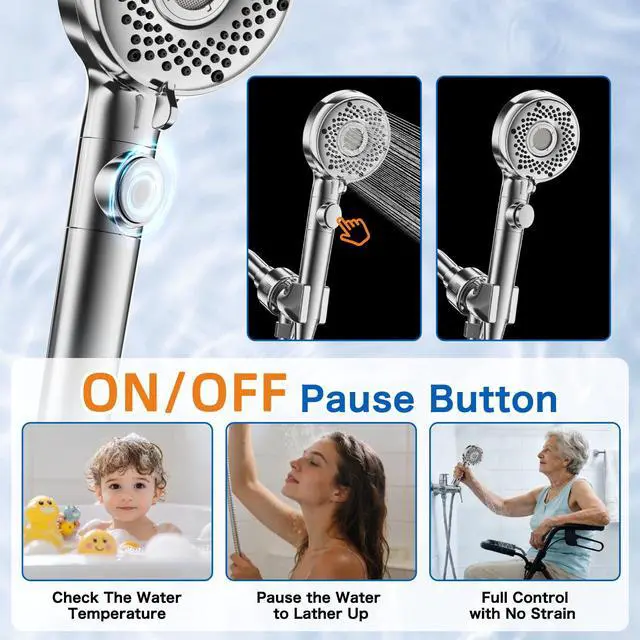 Alt view image 4 of 7 - Shower Head with Handheld with 5 Spray Modes and Detachable Power Wash, High Pressure Shower Head with ON/OFF Switch for Pets, Clean Tub, Shower Heads with Stainless Steel Hose