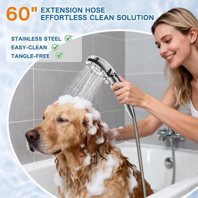 Alt view image 5 of 7 - Shower Head with Handheld with 5 Spray Modes and Detachable Power Wash, High Pressure Shower Head with ON/OFF Switch for Pets, Clean Tub, Shower Heads with Stainless Steel Hose