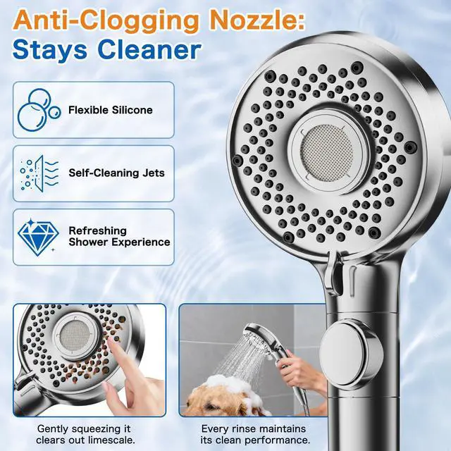 Alt view image 6 of 7 - Shower Head with Handheld with 5 Spray Modes and Detachable Power Wash, High Pressure Shower Head with ON/OFF Switch for Pets, Clean Tub, Shower Heads with Stainless Steel Hose