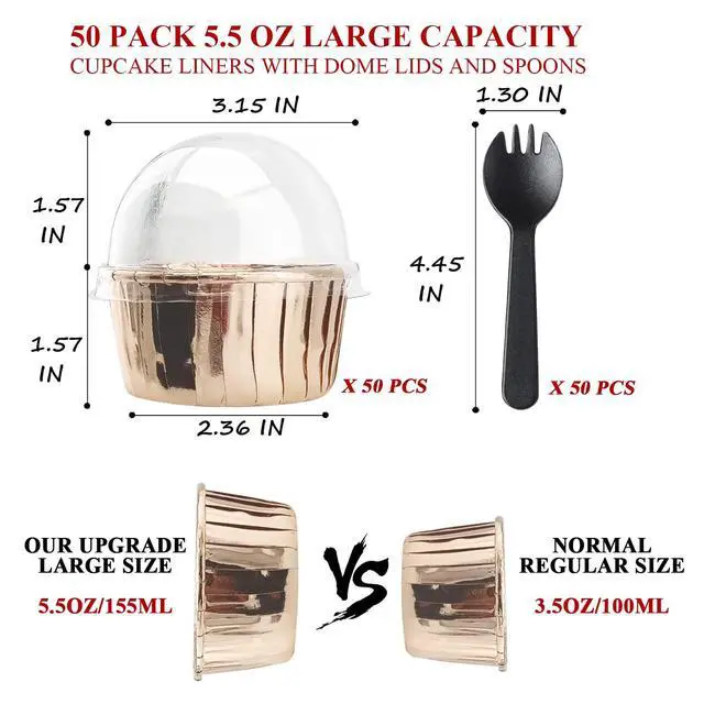 Alt view image 3 of 7 - 5oz Baking Cups with Lids 50 Pack,LNYZQUS Foil Cupcake Liners Muffin Tins,Disposable Ramekins Pans Muffin Cups Jumbo Cupcake Wrappers Holders for Wedding Party-Champagne
