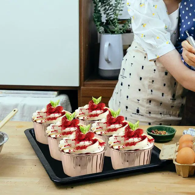 Alt view image 2 of 7 - 5oz Baking Cups with Lids 50 Pack,LNYZQUS Foil Cupcake Liners Muffin Tins,Disposable Ramekins Pans Muffin Cups Jumbo Cupcake Wrappers Holders for Wedding Party-Champagne