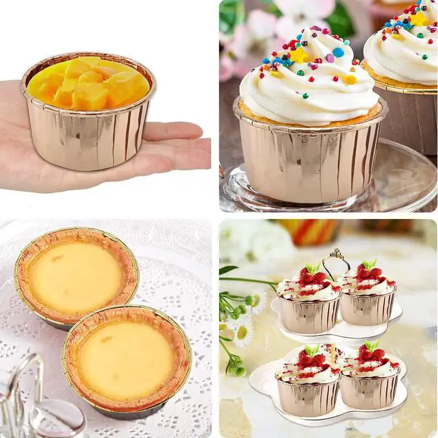 Alt view image 6 of 7 - 5oz Baking Cups with Lids 50 Pack,LNYZQUS Foil Cupcake Liners Muffin Tins,Disposable Ramekins Pans Muffin Cups Jumbo Cupcake Wrappers Holders for Wedding Party-Champagne