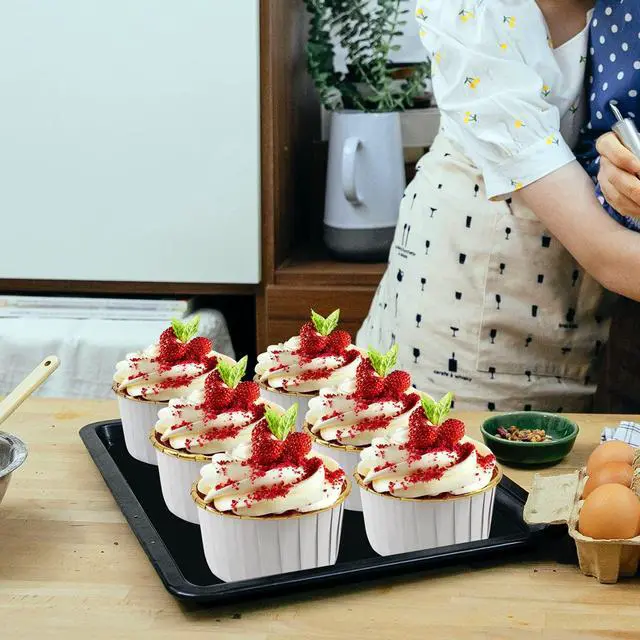Alt view image 2 of 7 - 50 Pack Jumbo Cupcake Cups with Lids,LNYZQUS 5oz Foil Cupcake Muffin Liners,Disposable Ramekins Pans Muffin Tins,Large Baking Cups Cupcake Wrappers Holders -White in gold