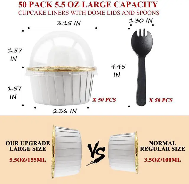 Alt view image 3 of 7 - 50 Pack Jumbo Cupcake Cups with Lids,LNYZQUS 5oz Foil Cupcake Muffin Liners,Disposable Ramekins Pans Muffin Tins,Large Baking Cups Cupcake Wrappers Holders -White in gold