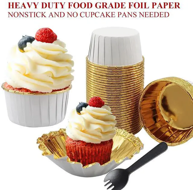Alt view image 4 of 7 - 50 Pack Jumbo Cupcake Cups with Lids,LNYZQUS 5oz Foil Cupcake Muffin Liners,Disposable Ramekins Pans Muffin Tins,Large Baking Cups Cupcake Wrappers Holders -White in gold