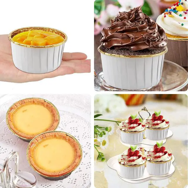 Alt view image 6 of 7 - 50 Pack Jumbo Cupcake Cups with Lids,LNYZQUS 5oz Foil Cupcake Muffin Liners,Disposable Ramekins Pans Muffin Tins,Large Baking Cups Cupcake Wrappers Holders -White in gold