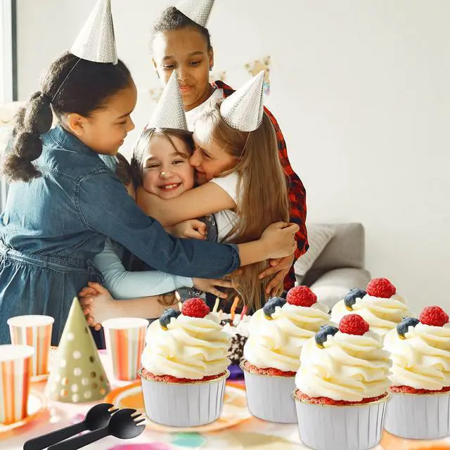 Alt view image 7 of 7 - 50 Pack Jumbo Cupcake Cups with Lids,LNYZQUS 5oz Foil Cupcake Muffin Liners,Disposable Ramekins Pans Muffin Tins,Large Baking Cups Cupcake Wrappers Holders -White in gold