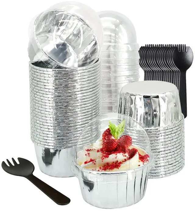 Main image of 50 Pack Foil Cupcake Liners with Dome Lids,LNYZQUS 5oz Large Cupcake Cups,Disposable Muffin Tins Ramekins Pans Baking Cups Wrappers Holders-Silver