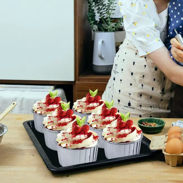 Alt view image 2 of 7 - 50 Pack Foil Cupcake Liners with Dome Lids,LNYZQUS 5oz Large Cupcake Cups,Disposable Muffin Tins Ramekins Pans Baking Cups Wrappers Holders-Silver