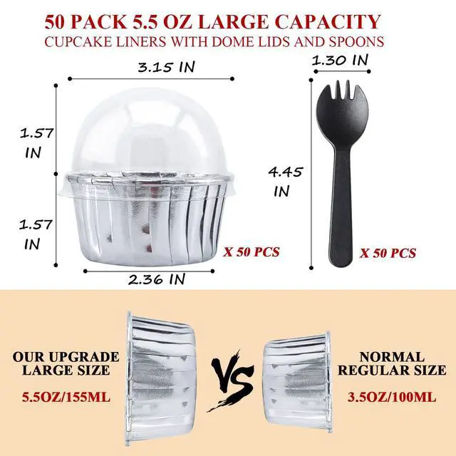 Alt view image 3 of 7 - 50 Pack Foil Cupcake Liners with Dome Lids,LNYZQUS 5oz Large Cupcake Cups,Disposable Muffin Tins Ramekins Pans Baking Cups Wrappers Holders-Silver