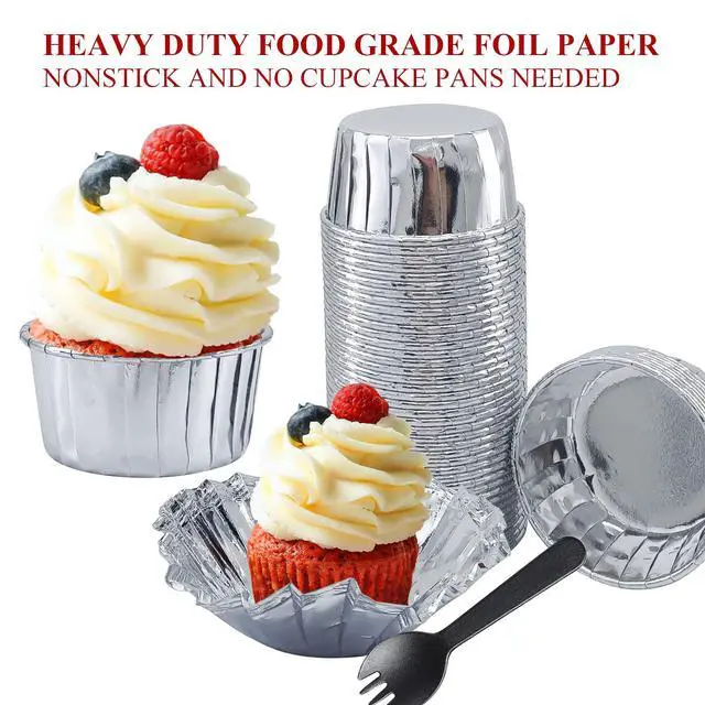Alt view image 4 of 7 - 50 Pack Foil Cupcake Liners with Dome Lids,LNYZQUS 5oz Large Cupcake Cups,Disposable Muffin Tins Ramekins Pans Baking Cups Wrappers Holders-Silver