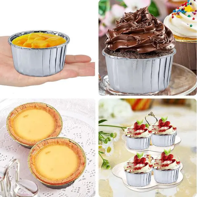 Alt view image 6 of 7 - 50 Pack Foil Cupcake Liners with Dome Lids,LNYZQUS 5oz Large Cupcake Cups,Disposable Muffin Tins Ramekins Pans Baking Cups Wrappers Holders-Silver