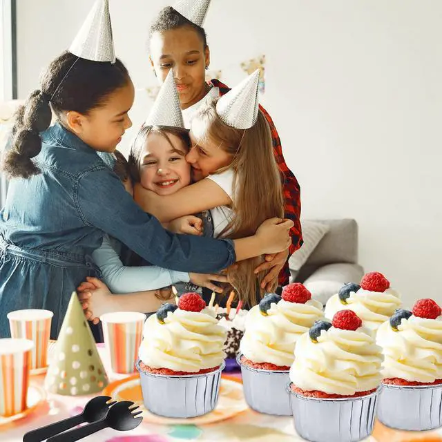 Alt view image 7 of 7 - 50 Pack Foil Cupcake Liners with Dome Lids,LNYZQUS 5oz Large Cupcake Cups,Disposable Muffin Tins Ramekins Pans Baking Cups Wrappers Holders-Silver