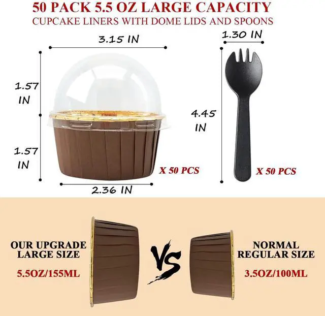 Alt view image 3 of 7 - 5oz Foil Cupcake Cups Muffin Tins 50 Pack,LNYZQUS Cupcake Liners with Dome Lids,Disposable Ramekins Pans Tins Wrappers Holders,Large Muffin Liners Baking Cups-Brown in gold