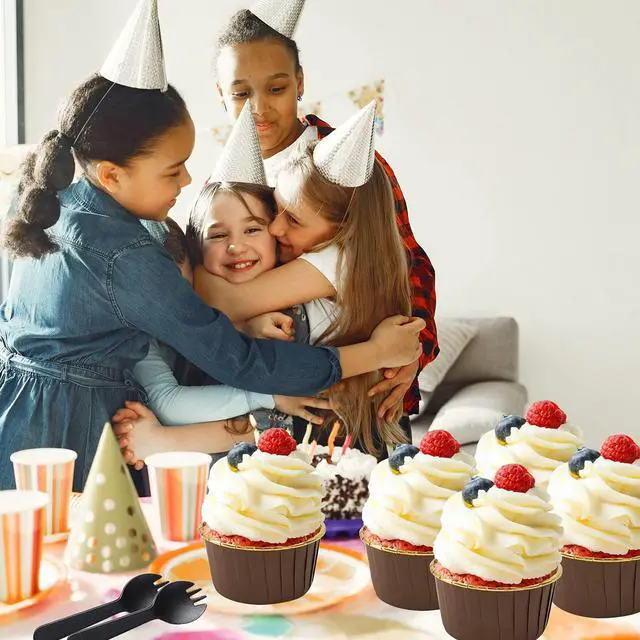 Alt view image 7 of 7 - 5oz Foil Cupcake Cups Muffin Tins 50 Pack,LNYZQUS Cupcake Liners with Dome Lids,Disposable Ramekins Pans Tins Wrappers Holders,Large Muffin Liners Baking Cups-Brown in gold