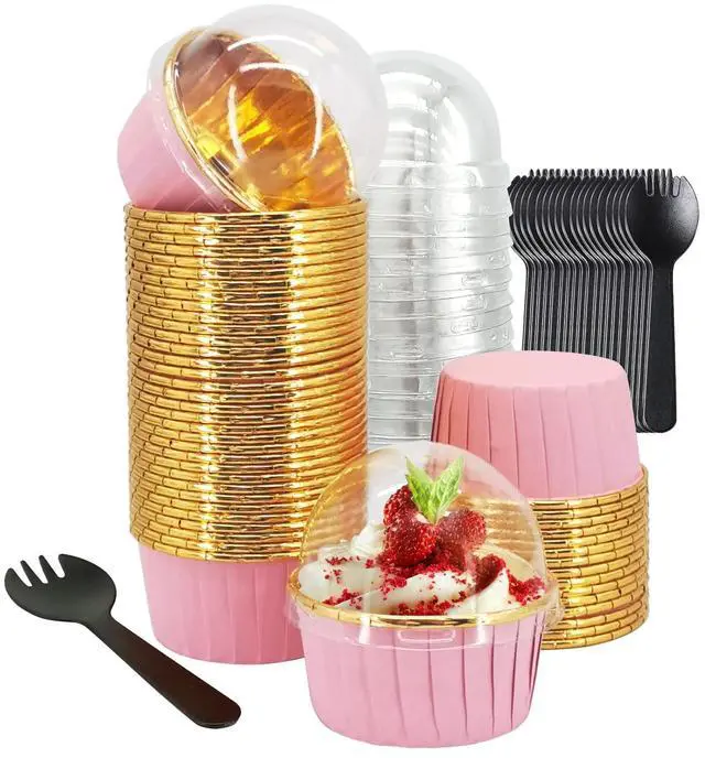 Main image of Cupcake Liners with Lids 50 Pack,LNYZQUS 5oz Large Foil Cupcake Cups Muffin Tins,Disposable Baking Cups Muffin Liners Wrappers Holders for Wedding Valentine-Pink in gold