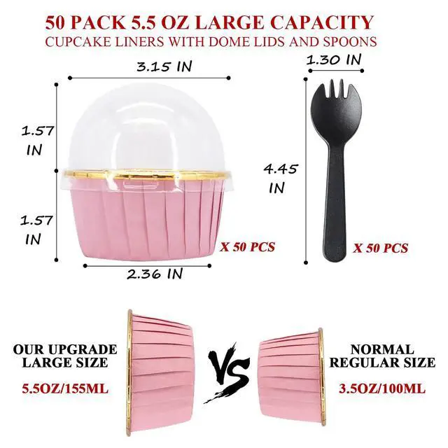 Alt view image 3 of 7 - Cupcake Liners with Lids 50 Pack,LNYZQUS 5oz Large Foil Cupcake Cups Muffin Tins,Disposable Baking Cups Muffin Liners Wrappers Holders for Wedding Valentine-Pink in gold