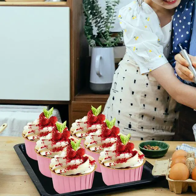Alt view image 2 of 7 - Cupcake Liners with Lids 50 Pack,LNYZQUS 5oz Large Foil Cupcake Cups Muffin Tins,Disposable Baking Cups Muffin Liners Wrappers Holders for Wedding Valentine-Pink in gold