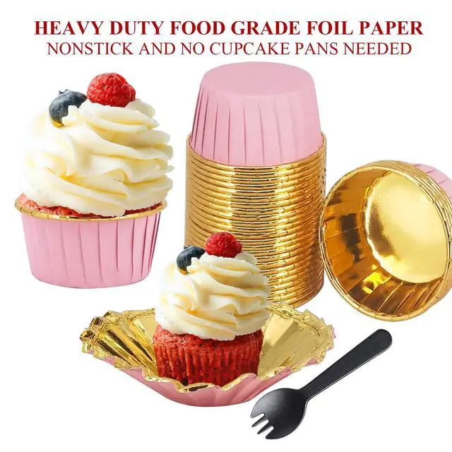 Alt view image 4 of 7 - Cupcake Liners with Lids 50 Pack,LNYZQUS 5oz Large Foil Cupcake Cups Muffin Tins,Disposable Baking Cups Muffin Liners Wrappers Holders for Wedding Valentine-Pink in gold