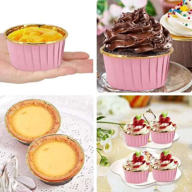 Alt view image 6 of 7 - Cupcake Liners with Lids 50 Pack,LNYZQUS 5oz Large Foil Cupcake Cups Muffin Tins,Disposable Baking Cups Muffin Liners Wrappers Holders for Wedding Valentine-Pink in gold