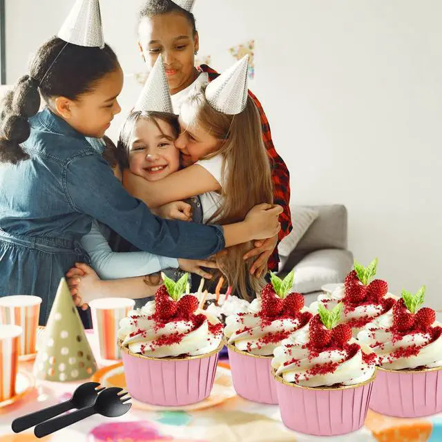 Alt view image 7 of 7 - Cupcake Liners with Lids 50 Pack,LNYZQUS 5oz Large Foil Cupcake Cups Muffin Tins,Disposable Baking Cups Muffin Liners Wrappers Holders for Wedding Valentine-Pink in gold