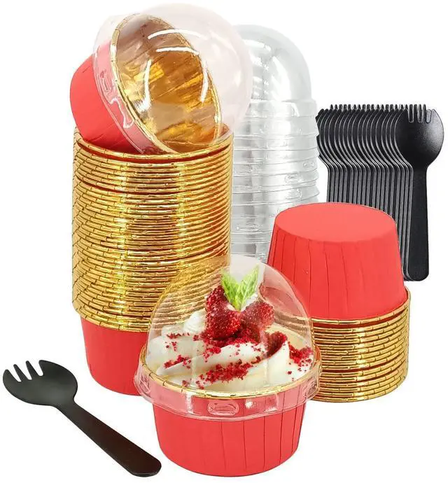 Main image of Large Cupcake Liners Baking Cups 50 Pack,LNYZQUS 5oz Foil Muffin Cups Muffin Tins,Disposable Ramekins Tins with Lids and Spoons,Cupcake Wrappers Holders for Wedding Bakery-Red in gold