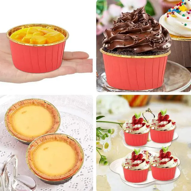 Alt view image 6 of 7 - Large Cupcake Liners Baking Cups 50 Pack,LNYZQUS 5oz Foil Muffin Cups Muffin Tins,Disposable Ramekins Tins with Lids and Spoons,Cupcake Wrappers Holders for Wedding Bakery-Red in gold