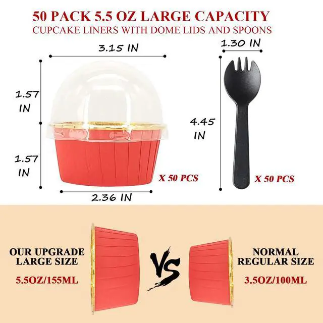 Alt view image 3 of 7 - Large Cupcake Liners Baking Cups 50 Pack,LNYZQUS 5oz Foil Muffin Cups Muffin Tins,Disposable Ramekins Tins with Lids and Spoons,Cupcake Wrappers Holders for Wedding Bakery-Red in gold