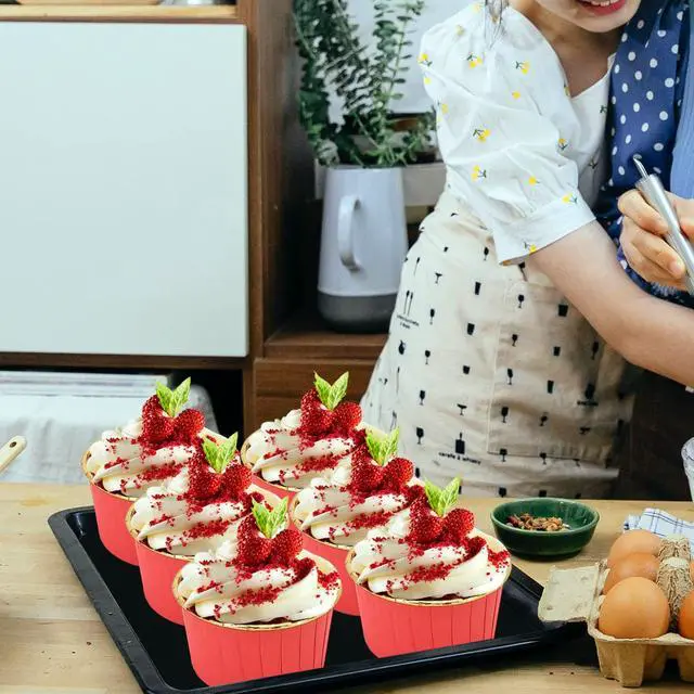 Alt view image 2 of 7 - Large Cupcake Liners Baking Cups 50 Pack,LNYZQUS 5oz Foil Muffin Cups Muffin Tins,Disposable Ramekins Tins with Lids and Spoons,Cupcake Wrappers Holders for Wedding Bakery-Red in gold