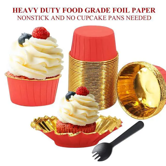 Alt view image 4 of 7 - Large Cupcake Liners Baking Cups 50 Pack,LNYZQUS 5oz Foil Muffin Cups Muffin Tins,Disposable Ramekins Tins with Lids and Spoons,Cupcake Wrappers Holders for Wedding Bakery-Red in gold