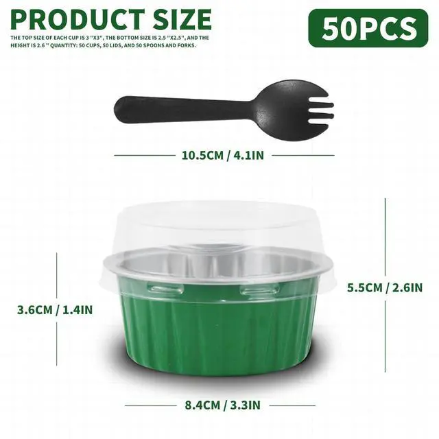 Alt view image 2 of 7 - St. Patrick's Day 50Pcs Mini Aluminum Foil Cupcake Baking Cups,5oz Cake Pans Disposable,Mini Loaf Pans with Lids,Disposable Ramekins,Tin Cups Containers for Cupcake,Pudding,Muffin(50, Green)