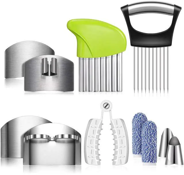 Main image of 11 Pieces Finger Guard Set for Cutting Include 4 Stainless Steel Knife Cutting Protector 2 Thumb Guard Protector 2 Finger Cots Potato Butter Lettuce Crinkle Cutter Onion Holder Slicer Mandoline Slicer