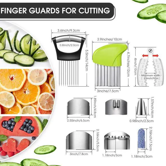 Alt view image 2 of 7 - 11 Pieces Finger Guard Set for Cutting Include 4 Stainless Steel Knife Cutting Protector 2 Thumb Guard Protector 2 Finger Cots Potato Butter Lettuce Crinkle Cutter Onion Holder Slicer Mandoline Slicer