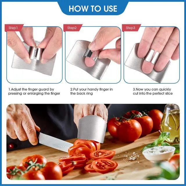 Alt view image 5 of 7 - 11 Pieces Finger Guard Set for Cutting Include 4 Stainless Steel Knife Cutting Protector 2 Thumb Guard Protector 2 Finger Cots Potato Butter Lettuce Crinkle Cutter Onion Holder Slicer Mandoline Slicer