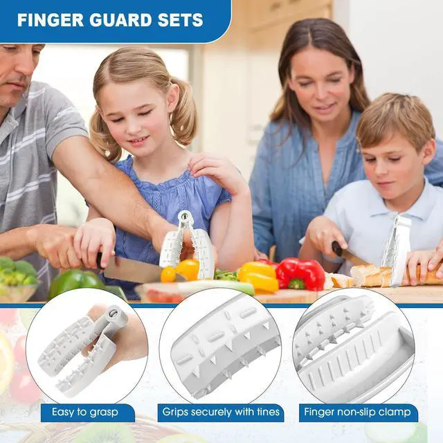 Alt view image 6 of 7 - 11 Pieces Finger Guard Set for Cutting Include 4 Stainless Steel Knife Cutting Protector 2 Thumb Guard Protector 2 Finger Cots Potato Butter Lettuce Crinkle Cutter Onion Holder Slicer Mandoline Slicer