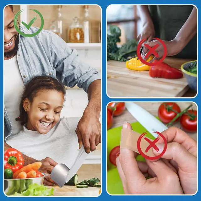 Alt view image 7 of 7 - 11 Pieces Finger Guard Set for Cutting Include 4 Stainless Steel Knife Cutting Protector 2 Thumb Guard Protector 2 Finger Cots Potato Butter Lettuce Crinkle Cutter Onion Holder Slicer Mandoline Slicer