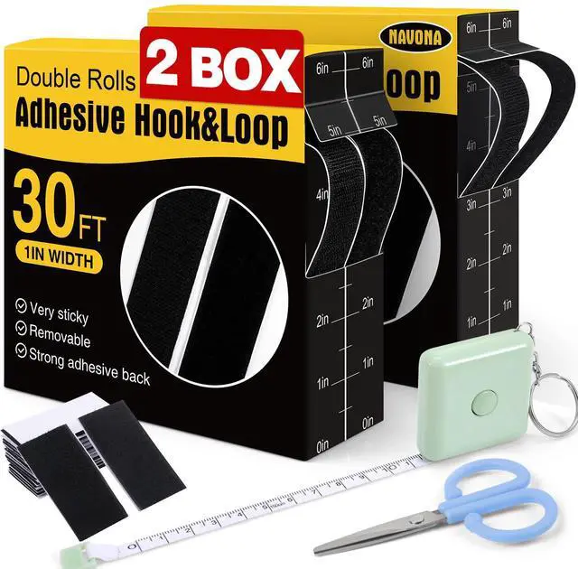 Main image of Navona 2 Boxes Heavy Duty Hook and Loop Strips with Adhesive, 60Ft Total x 1 Inch Hook and Loop Tape with Backing for Home, Office, School, and Crafting Projects, Black