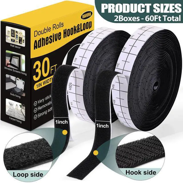 Alt view image 2 of 7 - Navona 2 Boxes Heavy Duty Hook and Loop Strips with Adhesive, 60Ft Total x 1 Inch Hook and Loop Tape with Backing for Home, Office, School, and Crafting Projects, Black