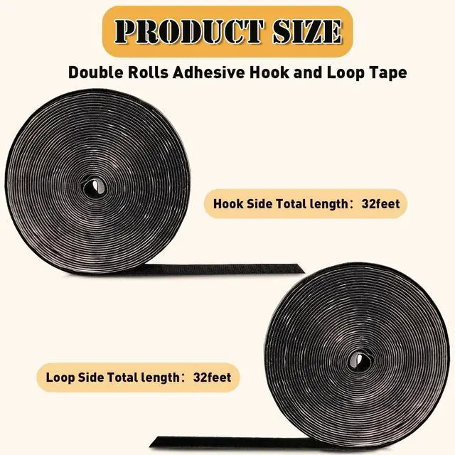 Alt view image 2 of 7 - 32 Ft × 1 Inch Hook and Loop Strips with Adhesive, 2 Rolls Black Self Sticky Double Sided Heavy Duty Strips, Sticky Back for Fabrics Nylon Adhesive Tape for Home Office School and Crafting