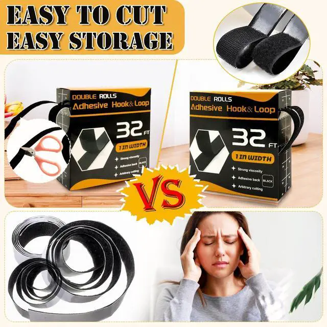 Alt view image 7 of 7 - 32 Ft × 1 Inch Hook and Loop Strips with Adhesive, 2 Rolls Black Self Sticky Double Sided Heavy Duty Strips, Sticky Back for Fabrics Nylon Adhesive Tape for Home Office School and Crafting