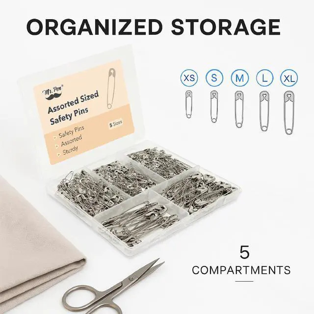 Alt view image 5 of 7 - Mr. Pen- Safety Pins, 300 Pack, Small & Large Sizes, Nickel Plated Steel