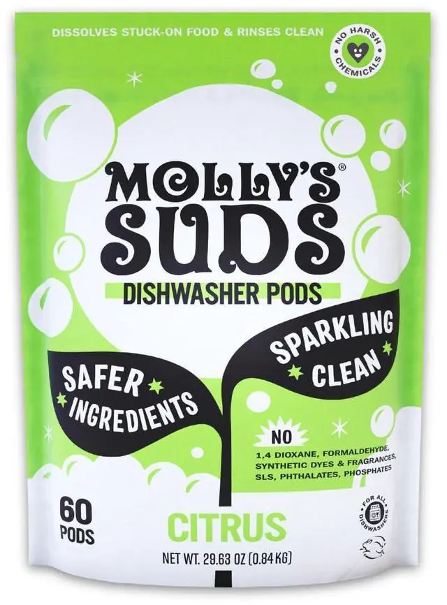 Main image of Molly's Suds Dishwasher Pods | Clean Dishwasher Detergent, Cuts Grease & Rinses Clean (Residue-Free) for Sparkling Dishes | 60 Auto-Release Tabs (Citrus)