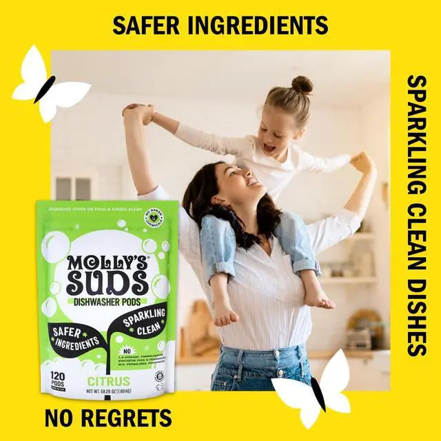 Alt view image 3 of 7 - Molly's Suds Dishwasher Pods | Clean Dishwasher Detergent, Cuts Grease & Rinses Clean (Residue-Free) for Sparkling Dishes | 60 Auto-Release Tabs (Citrus)