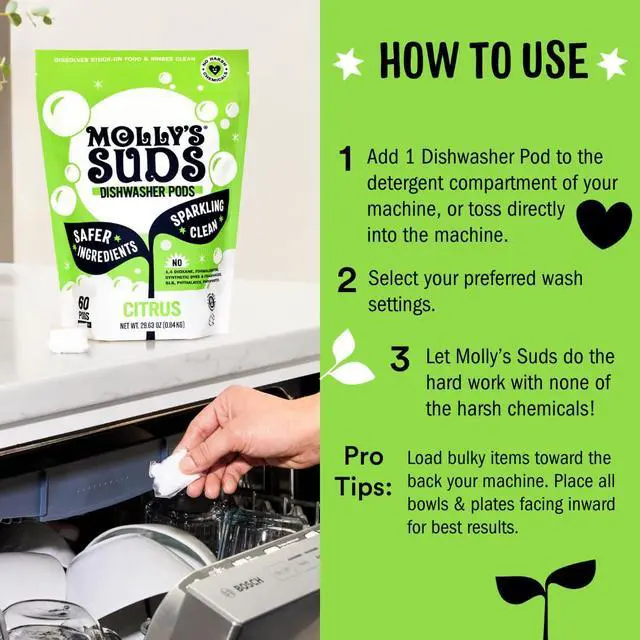 Alt view image 5 of 7 - Molly's Suds Dishwasher Pods | Clean Dishwasher Detergent, Cuts Grease & Rinses Clean (Residue-Free) for Sparkling Dishes | 60 Auto-Release Tabs (Citrus)